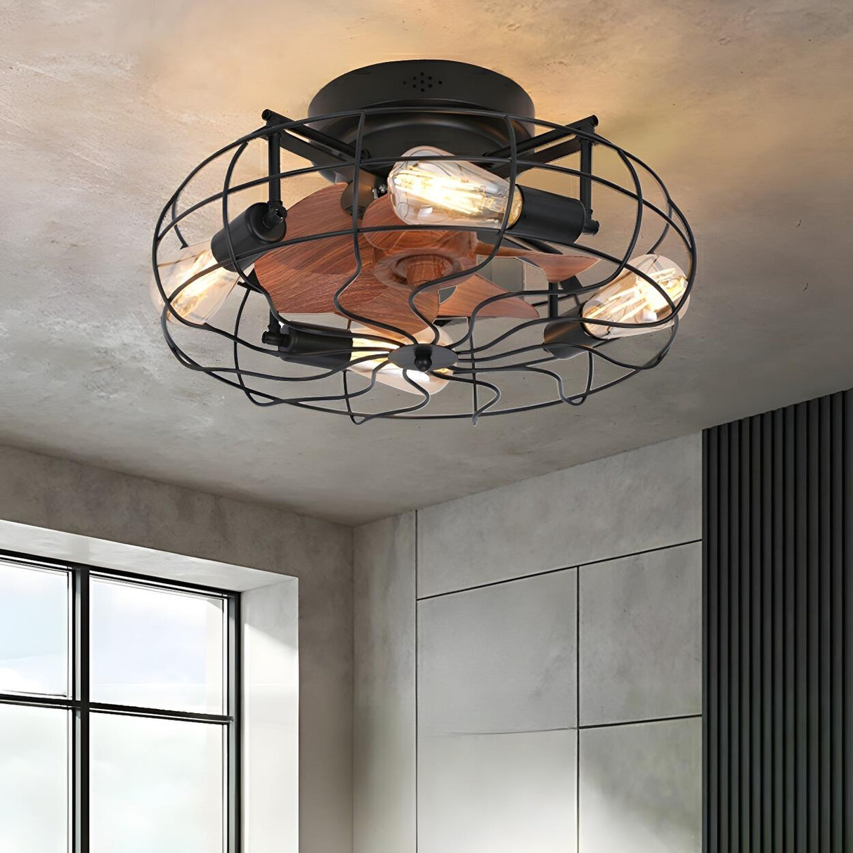 Industrial Cage Flush Mount Ceiling Fan with Light Image - 1