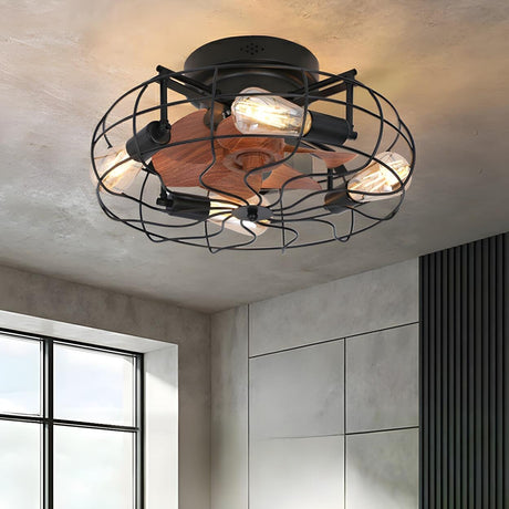 Industrial Cage Flush Mount Ceiling Fan with Light Image - 1