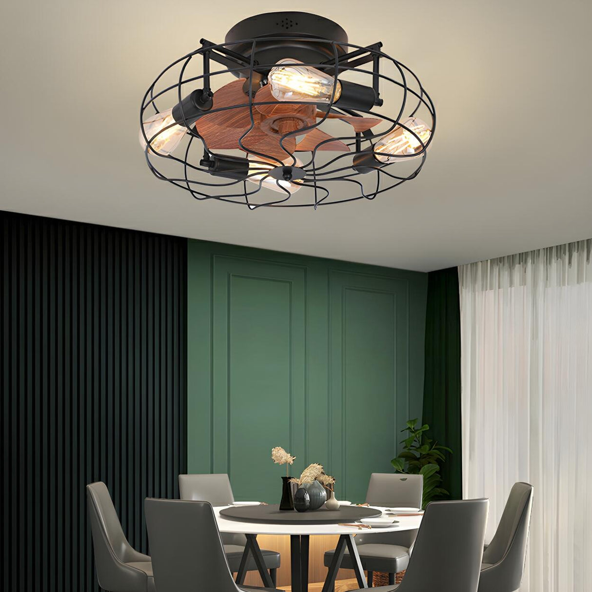 Industrial Cage Flush Mount Ceiling Fan with Light Image - 10