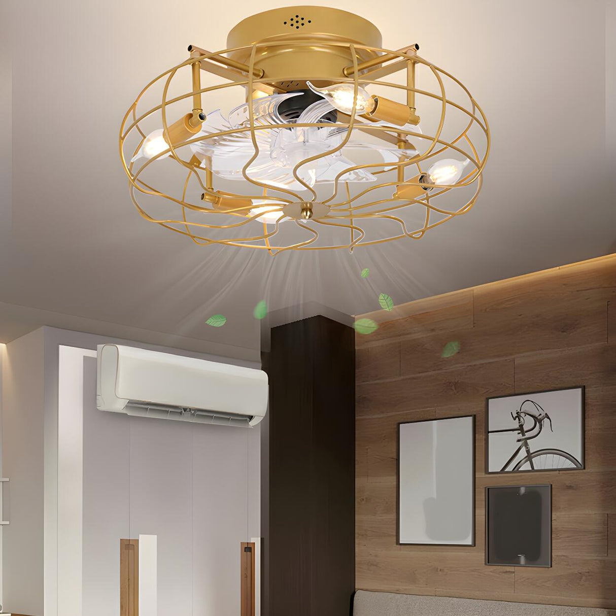 Industrial Cage Flush Mount Ceiling Fan with Light Image - 11