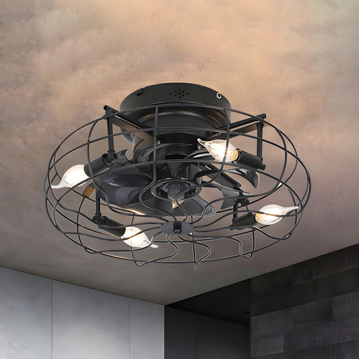 Industrial Cage Flush Mount Ceiling Fan with Light Image - 3