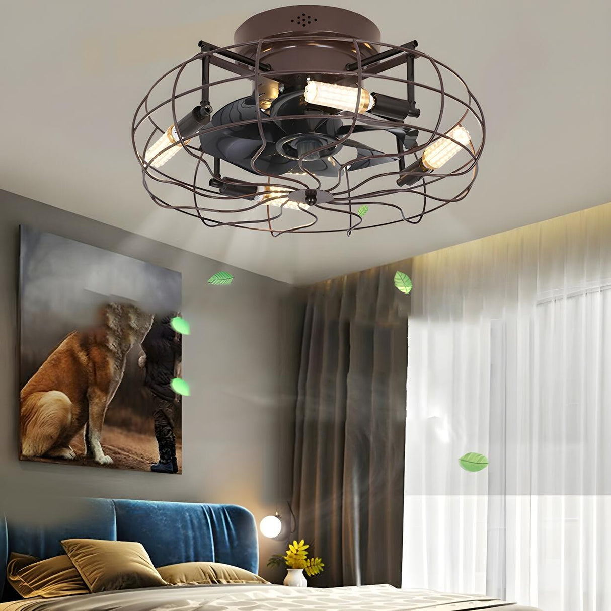 Industrial Cage Flush Mount Ceiling Fan with Light Image - 4