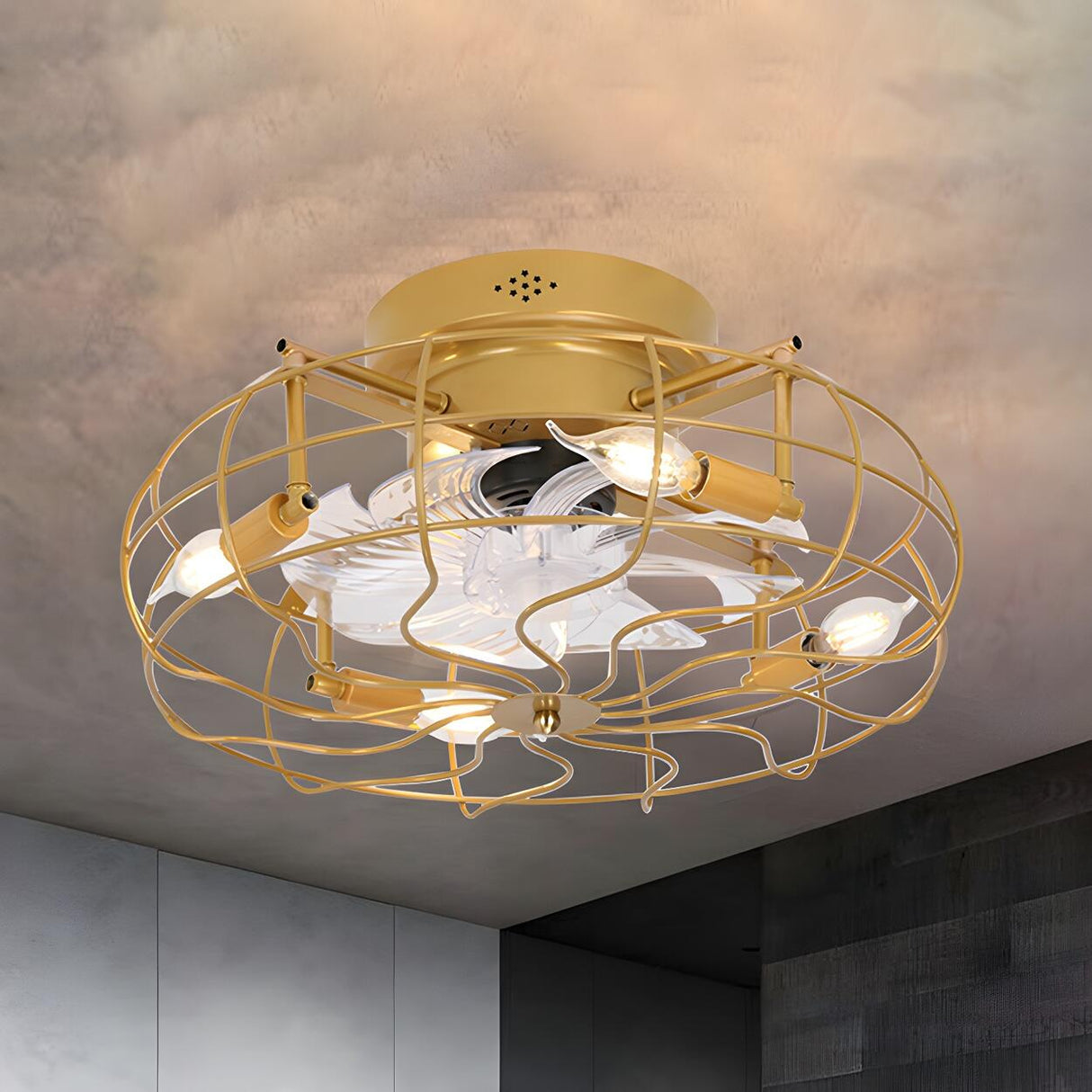 Industrial Cage Flush Mount Ceiling Fan with Light Image - 5