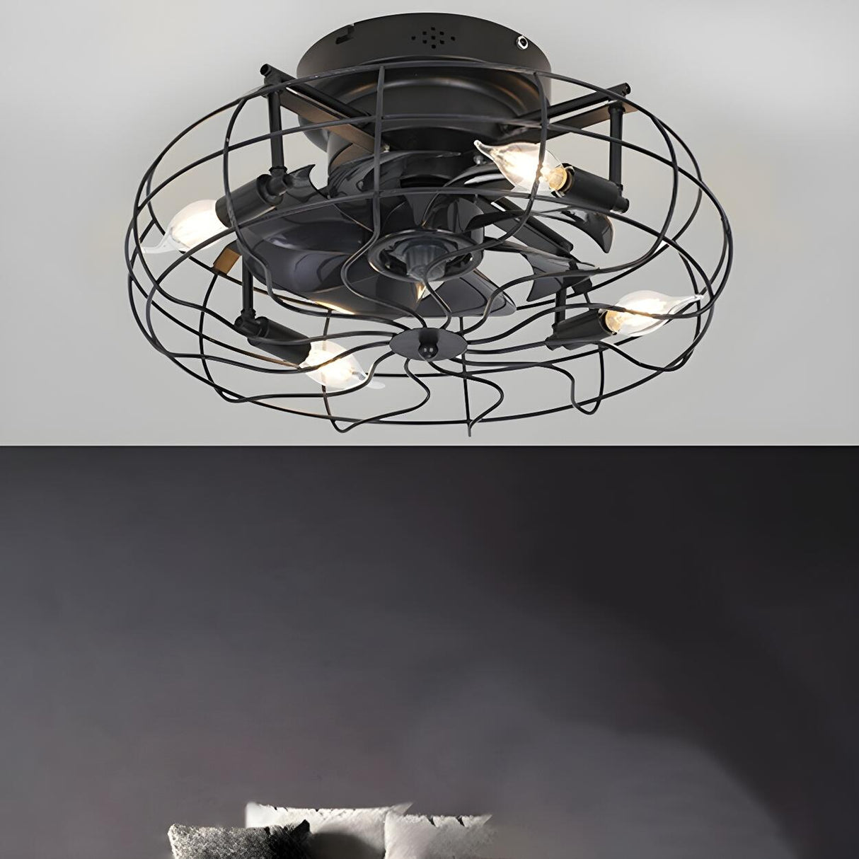 Industrial Cage Flush Mount Ceiling Fan with Light Image - 6
