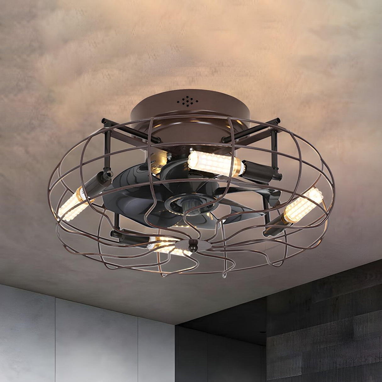 Industrial Cage Flush Mount Ceiling Fan with Light Image - 7