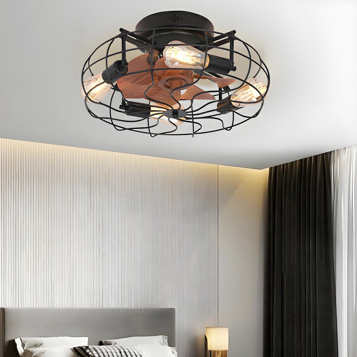 Industrial Cage Flush Mount Ceiling Fan with Light Image - 8