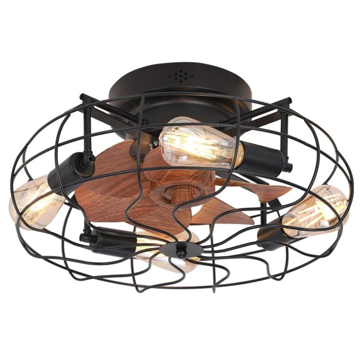 Industrial Cage Flush Mount Ceiling Fan with Light Image - 9