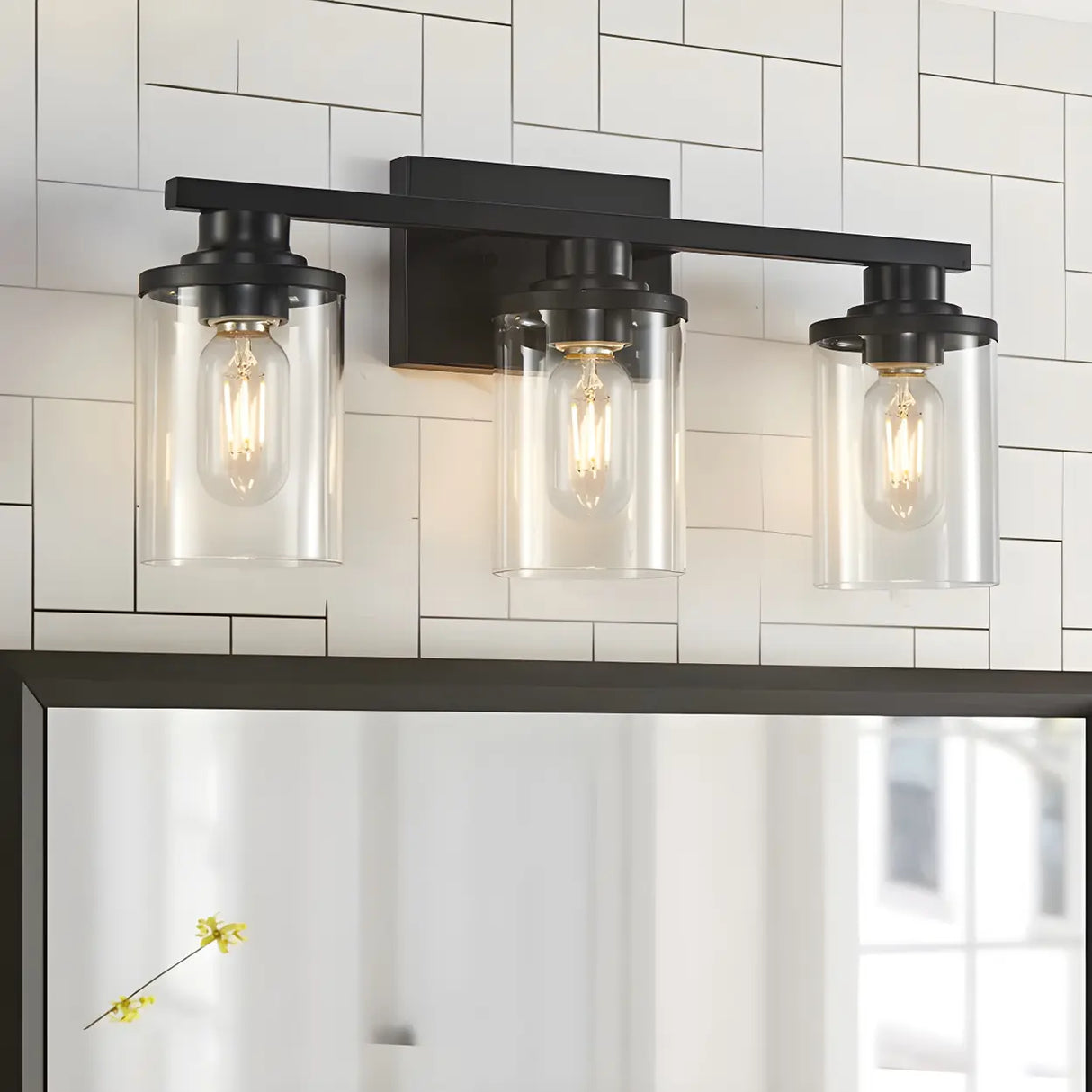 Industrial Clear Glass 3-Light Matte Black Vanity Light Image - 1