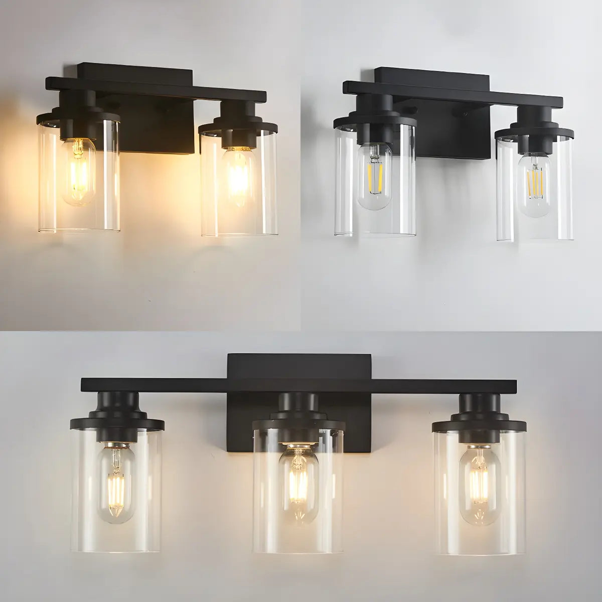 Industrial Clear Glass 3-Light Matte Black Vanity Light Image - 10