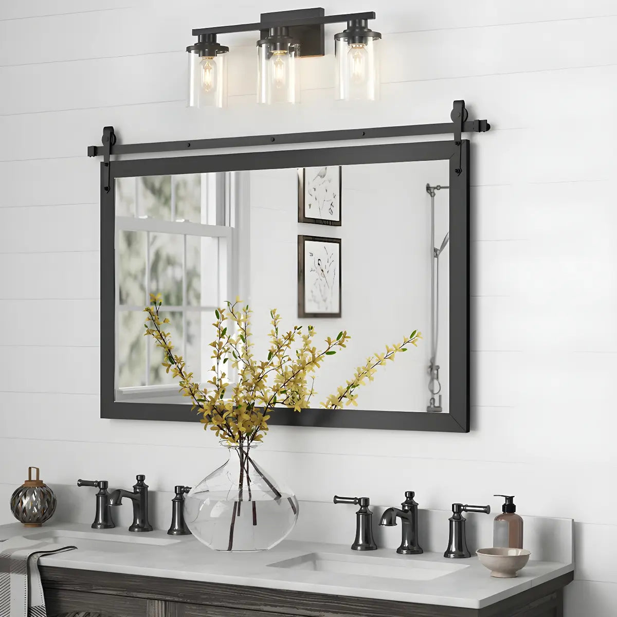 Industrial Clear Glass 3-Light Matte Black Vanity Light Image - 17