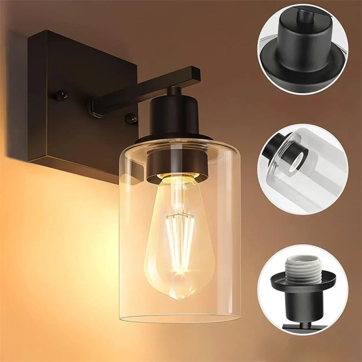 Industrial Clear Glass Black Cylinder Vanity Light Image - 21