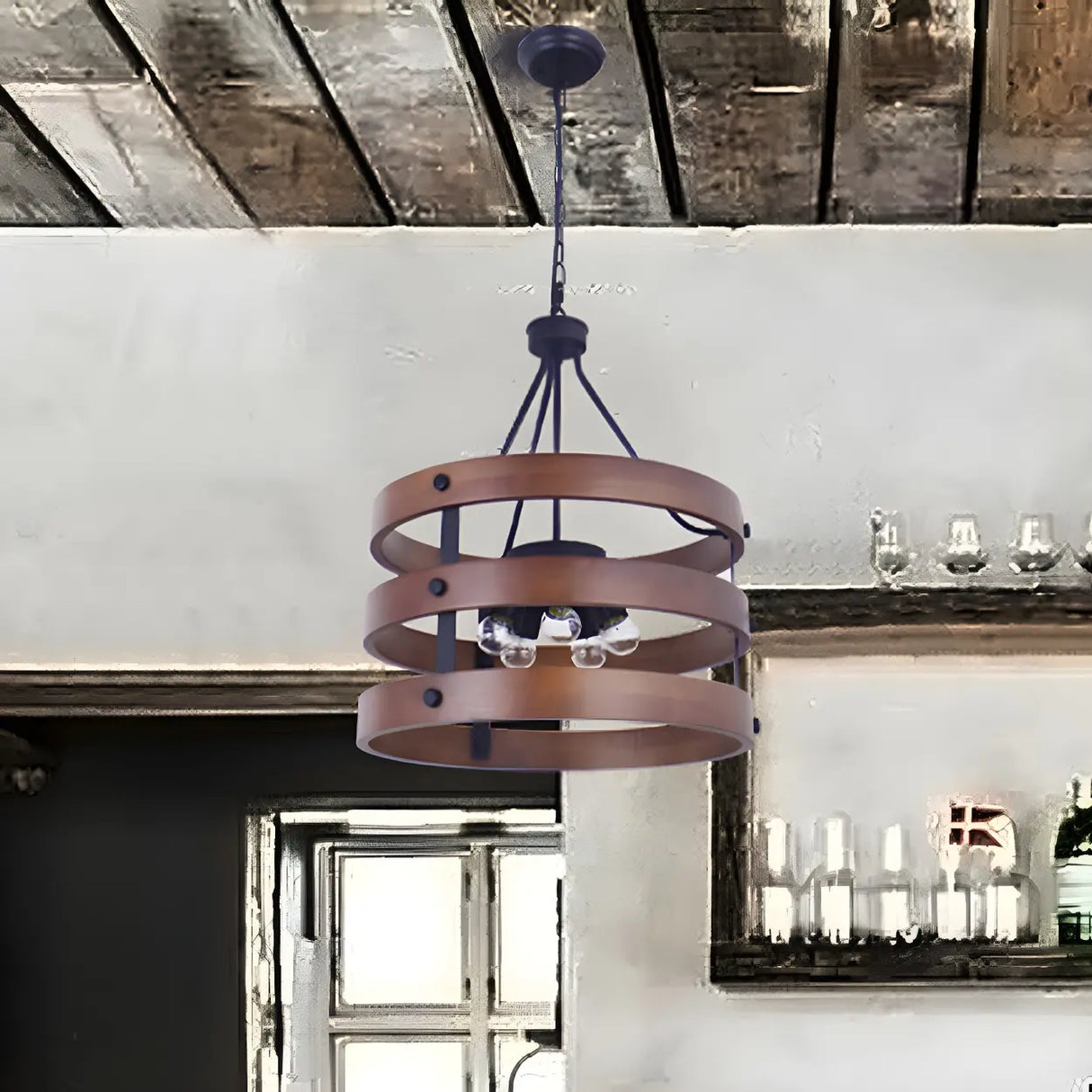 Industrial Dining Room Wooden 3 Layers Ring Chandelier Image - 3
