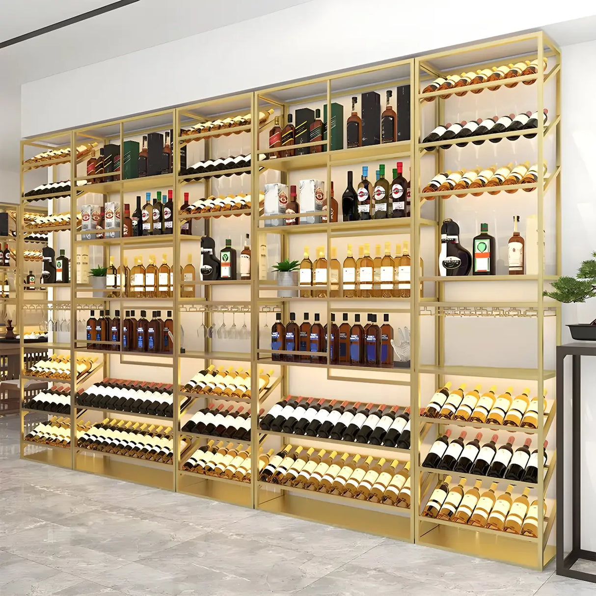 Industrial Freestanding Gold Tall Metal Shelving Wine Rack Image - 9
