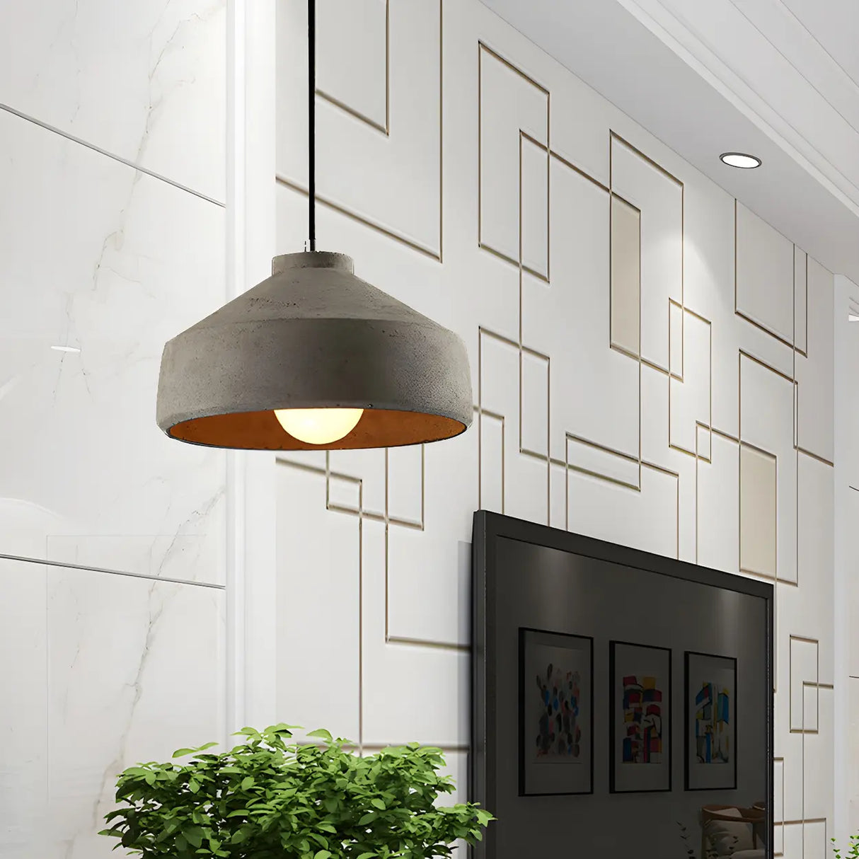 Industrial Geometric Grey Cement Hanging Pendant Light Image - 10