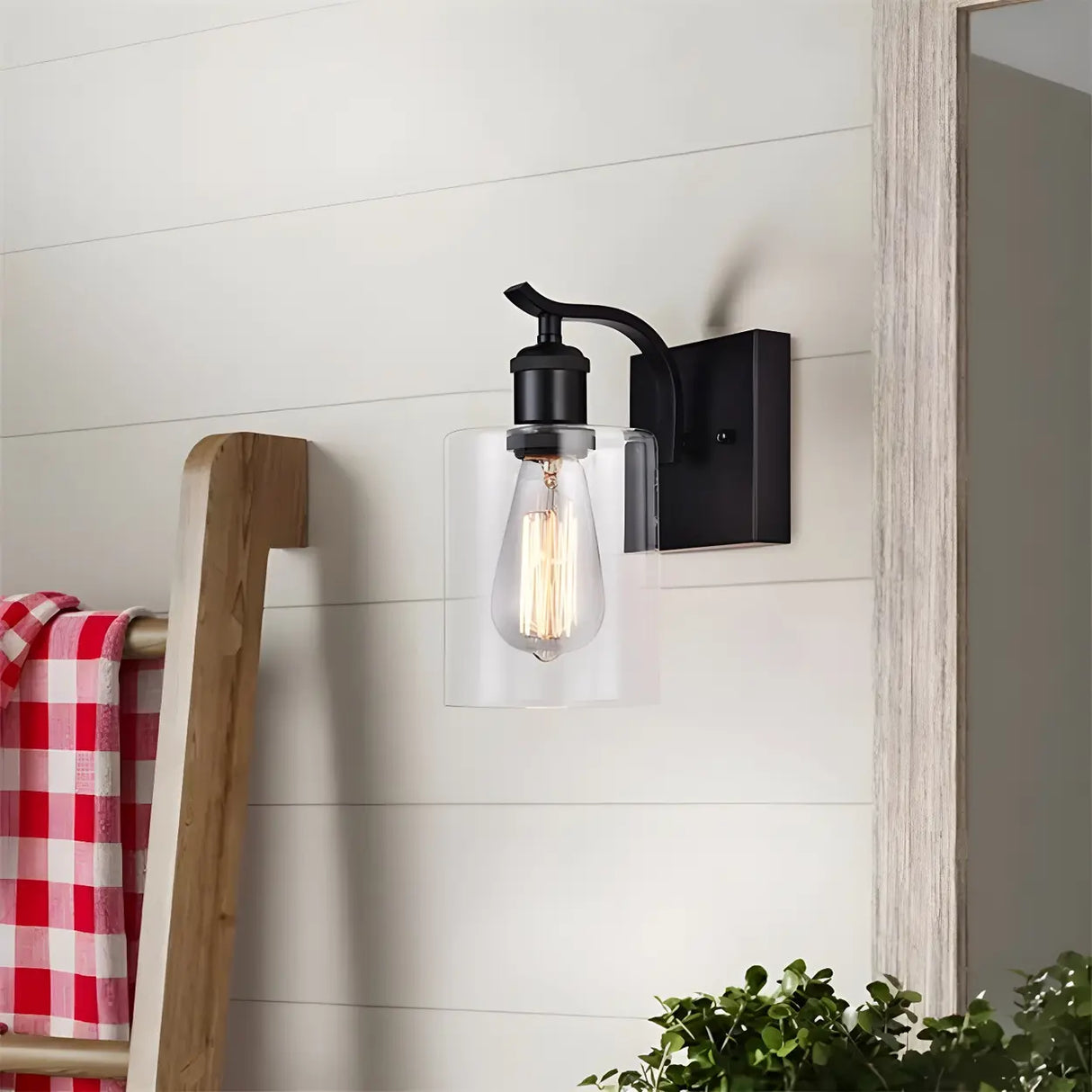 Industrial Glass Cylinder Metal Wall Vanity Light Black Image - 1