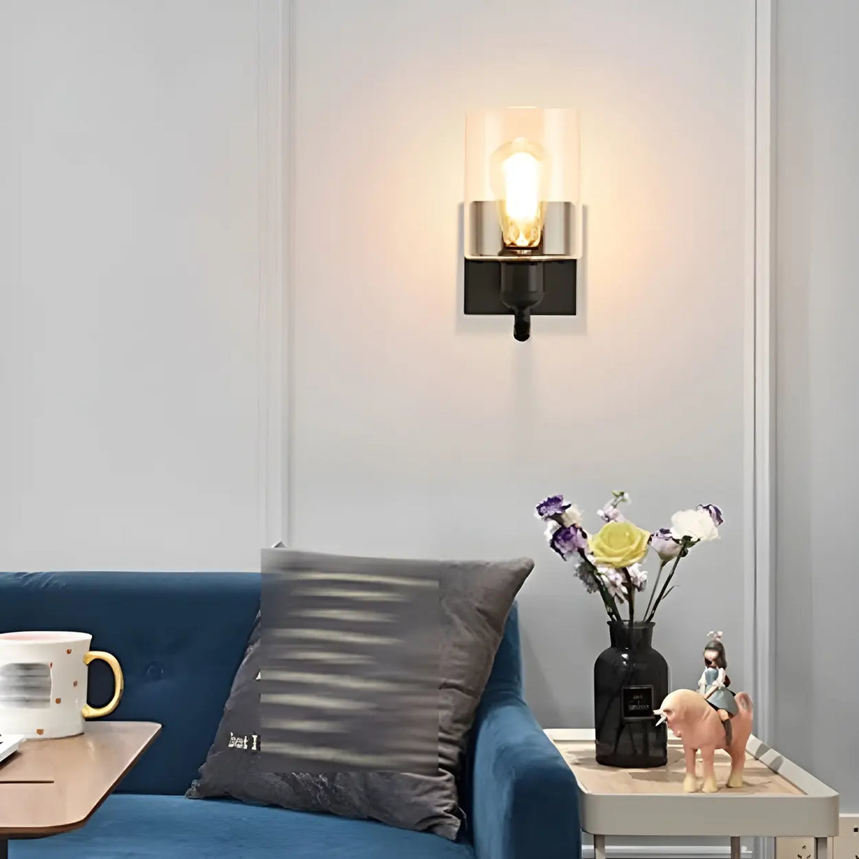 Industrial Glass Cylinder Metal Wall Vanity Light Black Image - 11