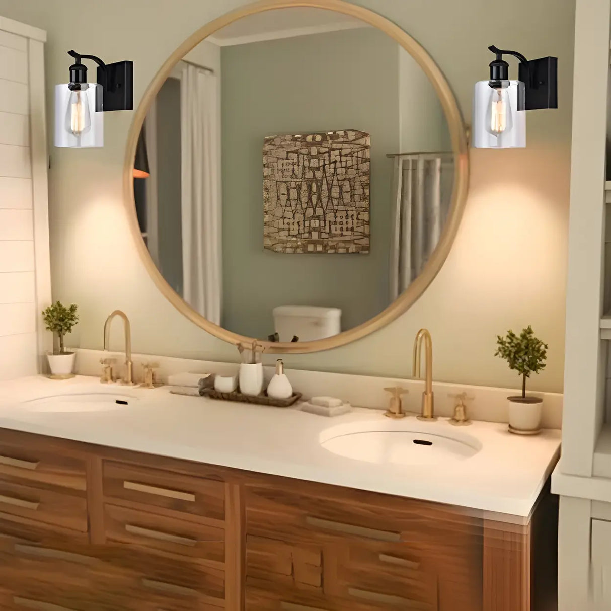 Industrial Glass Cylinder Metal Wall Vanity Light Black Image - 4