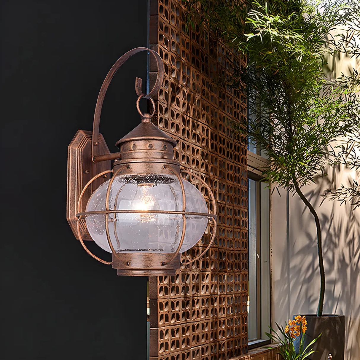 Industrial Globe Bronze Glass Exterior Wall Sconce Light Image - 14