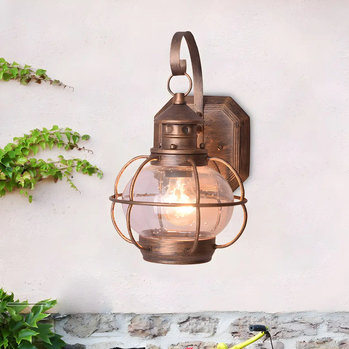 Industrial Globe Bronze Glass Exterior Wall Sconce Light Image - 15