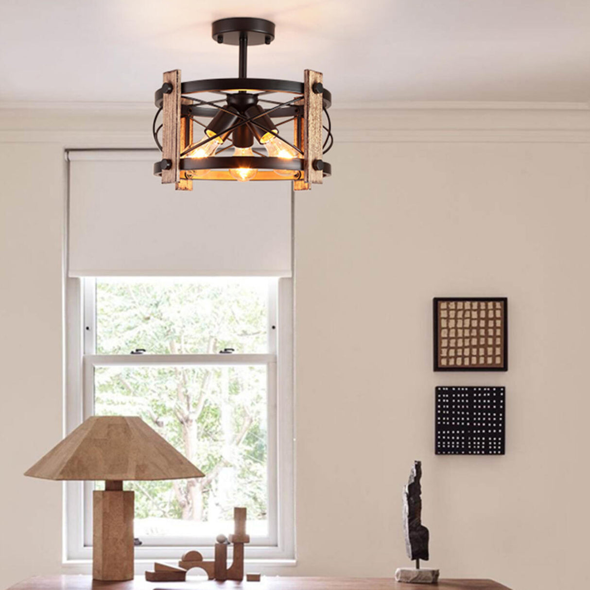 Industrial Iron Cylinder Semi-Flush Mount Light 3-Light Image - 3