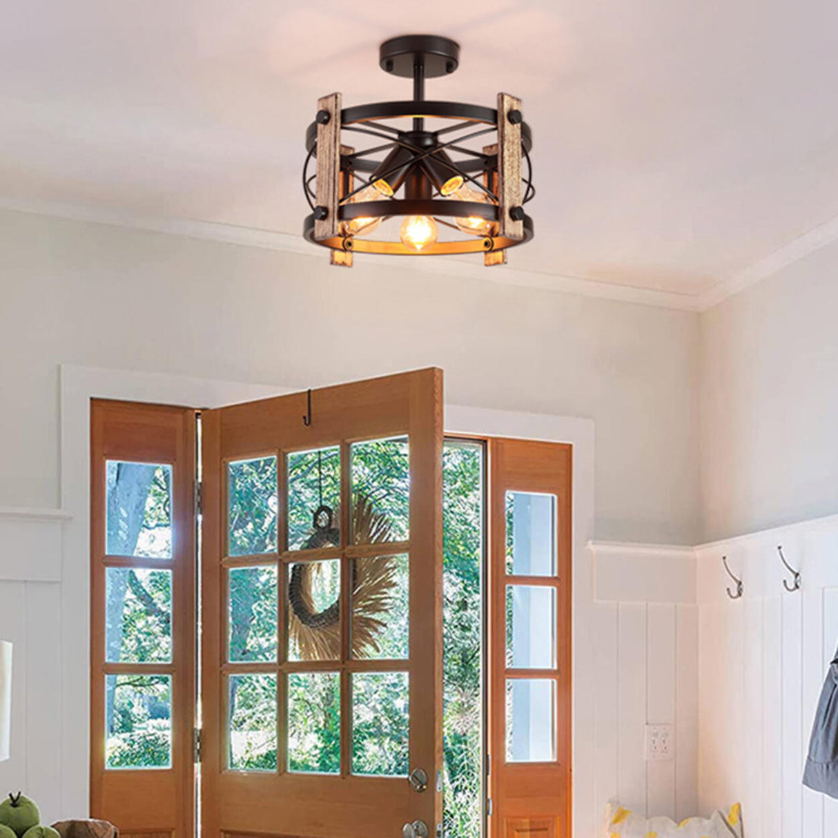 Industrial Iron Cylinder Semi-Flush Mount Light 3-Light Image - 6