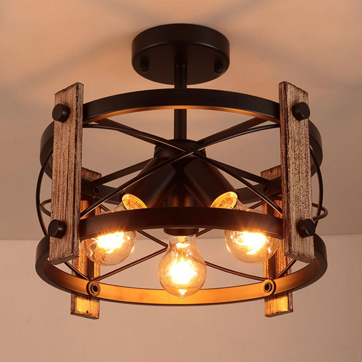 Industrial Iron Cylinder Semi-Flush Mount Light 3-Light Image - 7