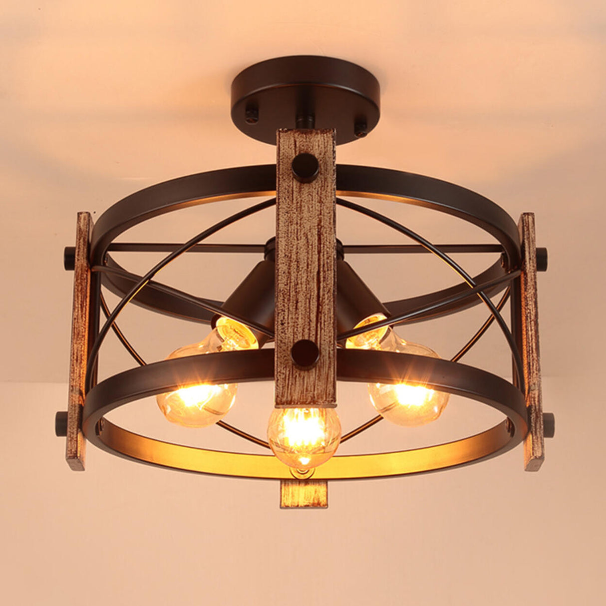 Industrial Iron Cylinder Semi-Flush Mount Light 3-Light Image - 8