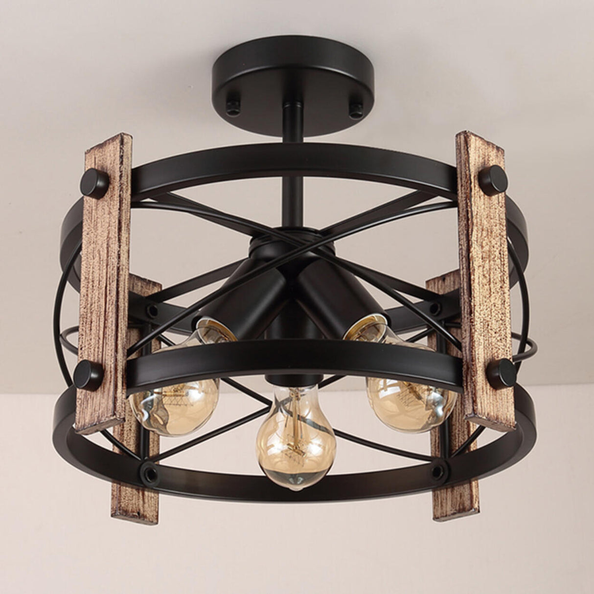 Industrial Iron Cylinder Semi-Flush Mount Light 3-Light Image - 9