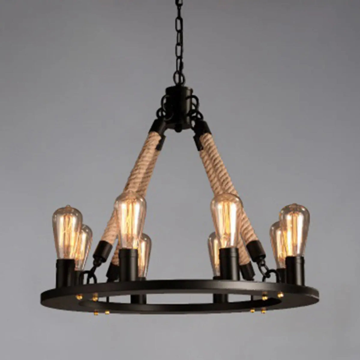 110V-120V 8-Light Round Industrial Iron Rope Chandelier for Living Room, Black Image - 13
