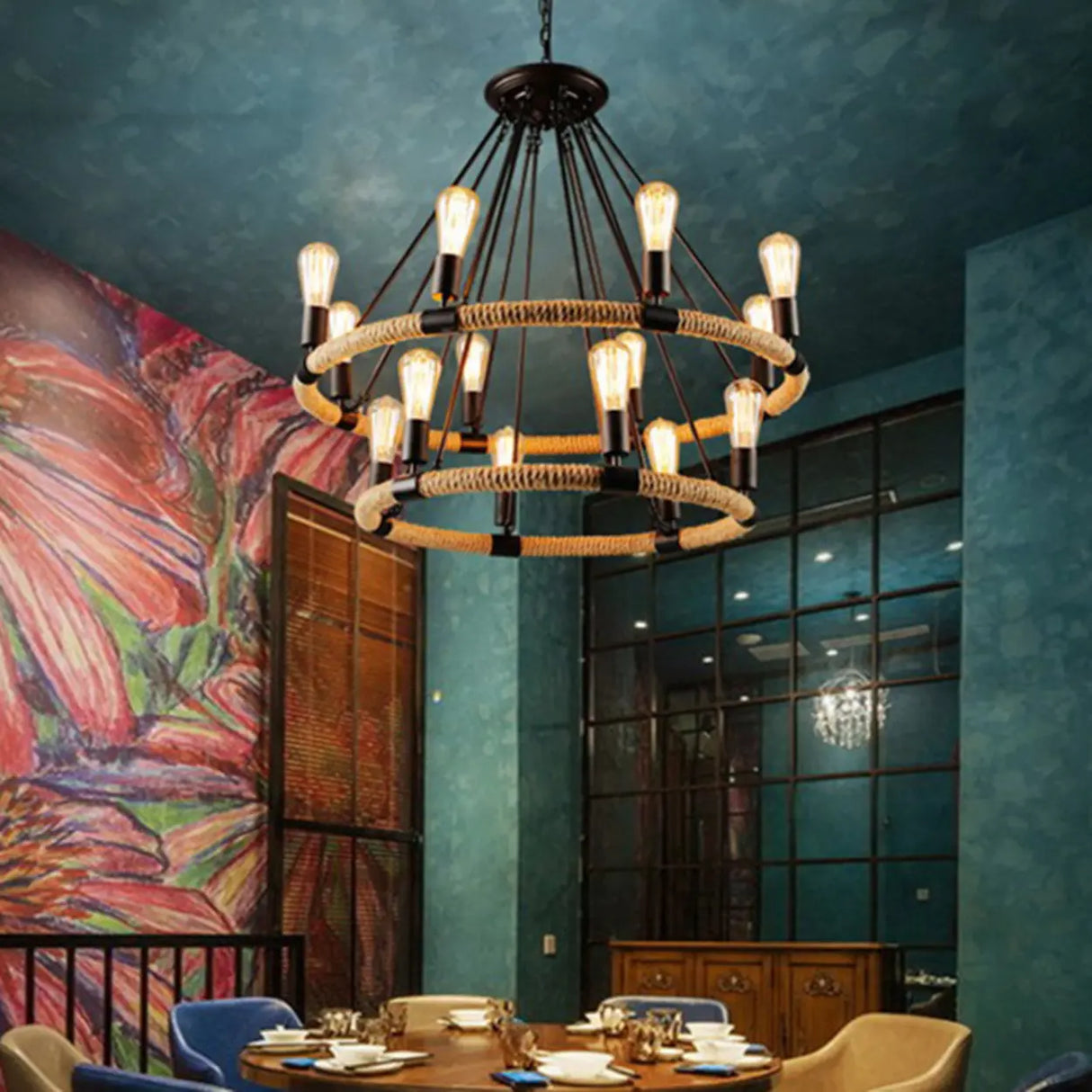 Industrial Iron Rope Chandelier for Living Room, Black Image - 7