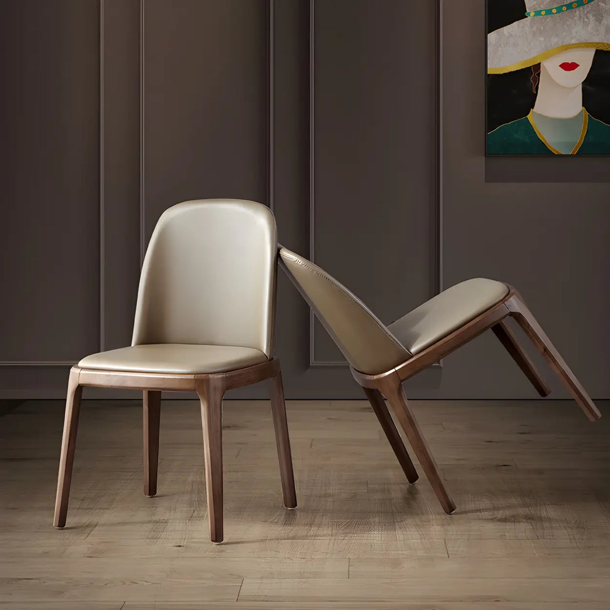 Industrial Leather Dining Side Chair with Ash Wood Legs Image - 22