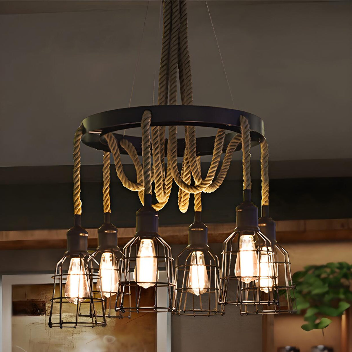 Industrial Metal Bell Cage Rope Chandelier Image - 1