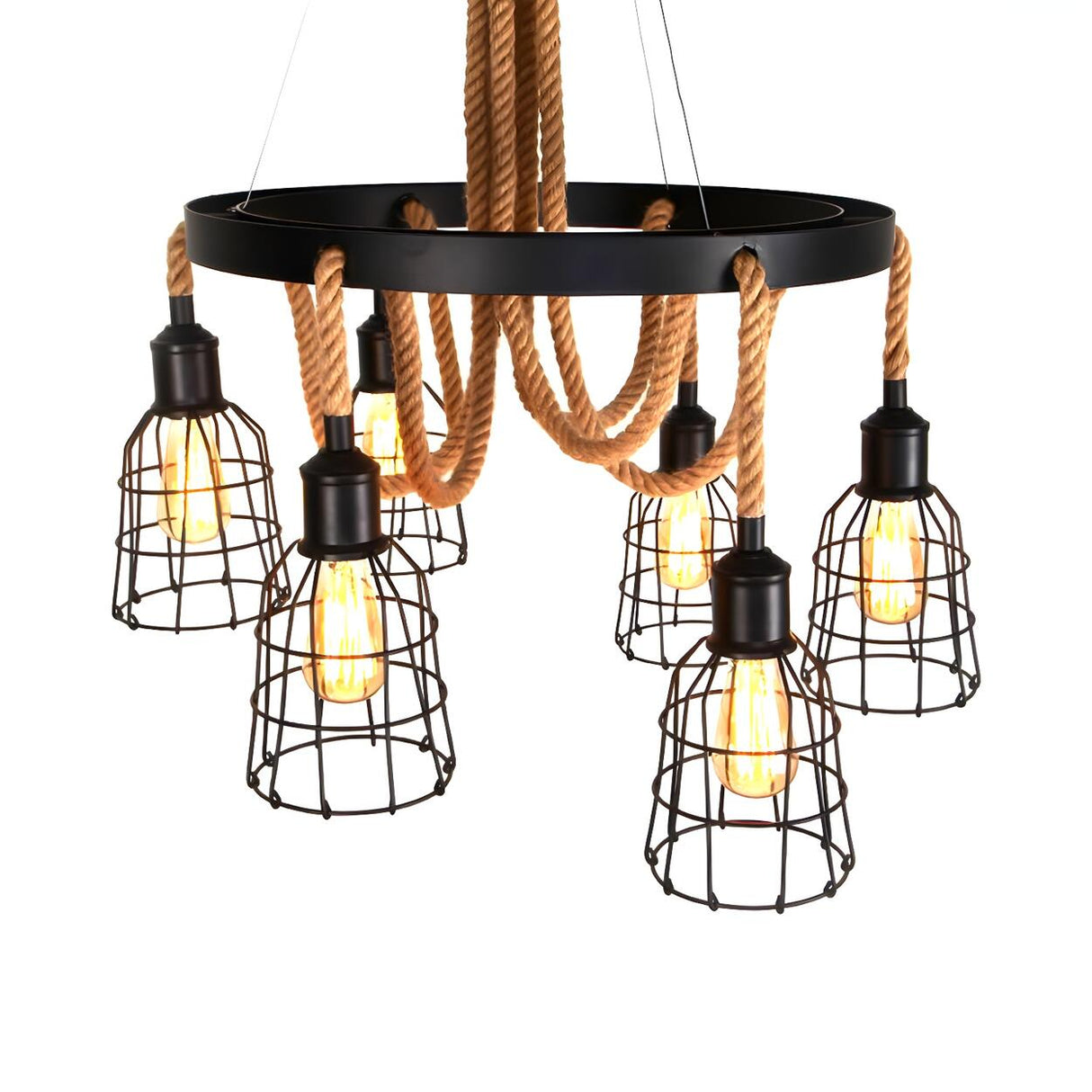 Industrial Metal Bell Cage Rope Chandelier Image - 3