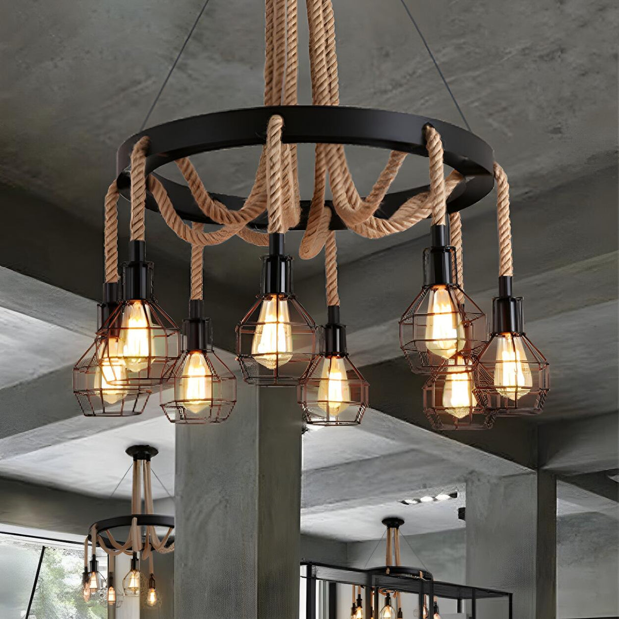 Industrial Metal Bell Cage Rope Chandelier Image - 4