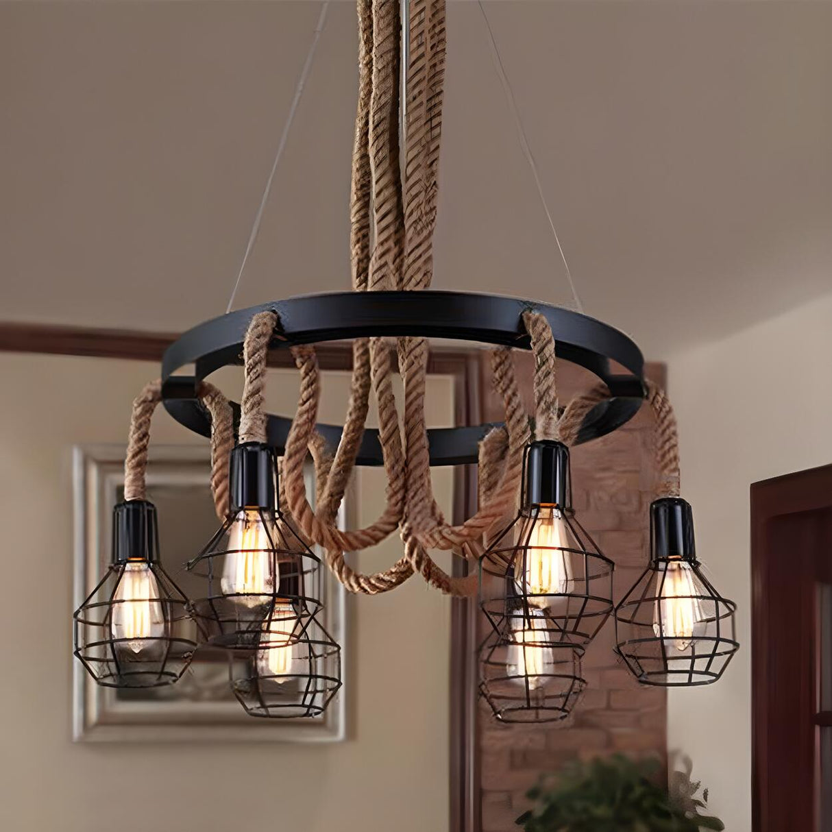 Industrial Metal Bell Cage Rope Chandelier Image - 5