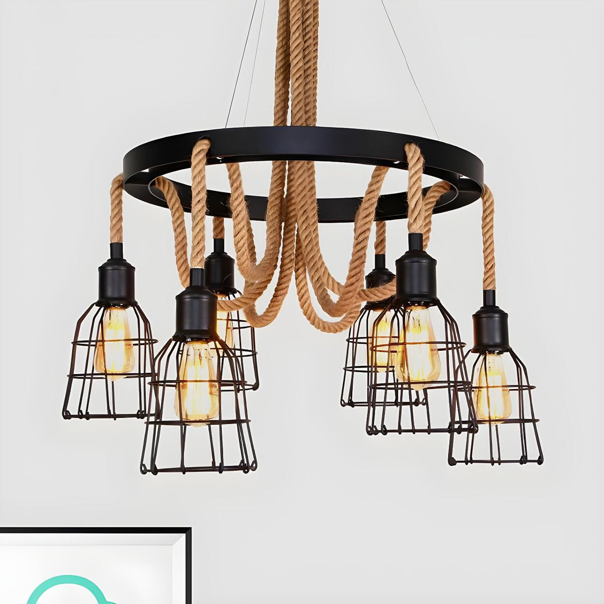 Industrial Metal Bell Cage Rope Chandelier Image - 7