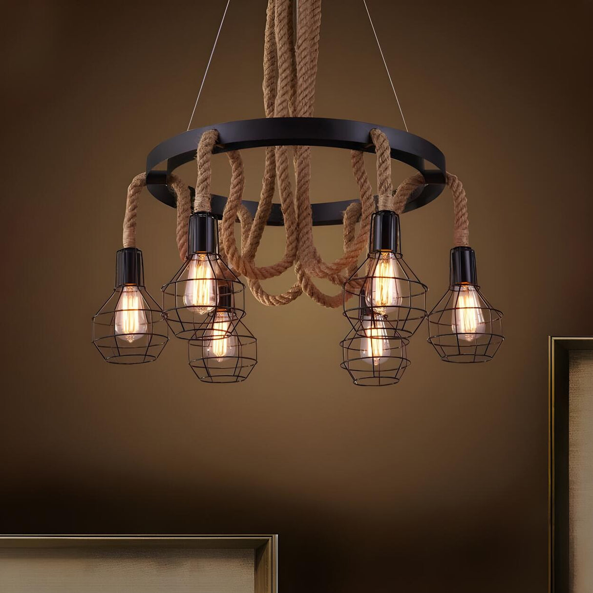 Industrial Metal Bell Cage Rope Chandelier Image - 8