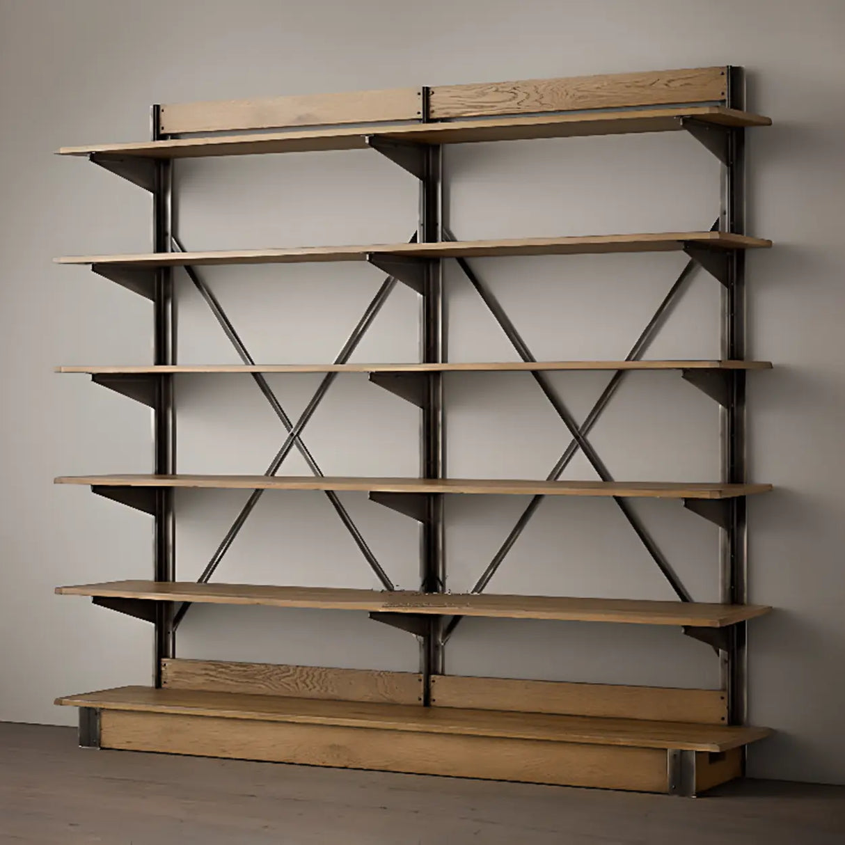 Industrial Metal Frame Oak Display Etagere Bookshelf Image - 1