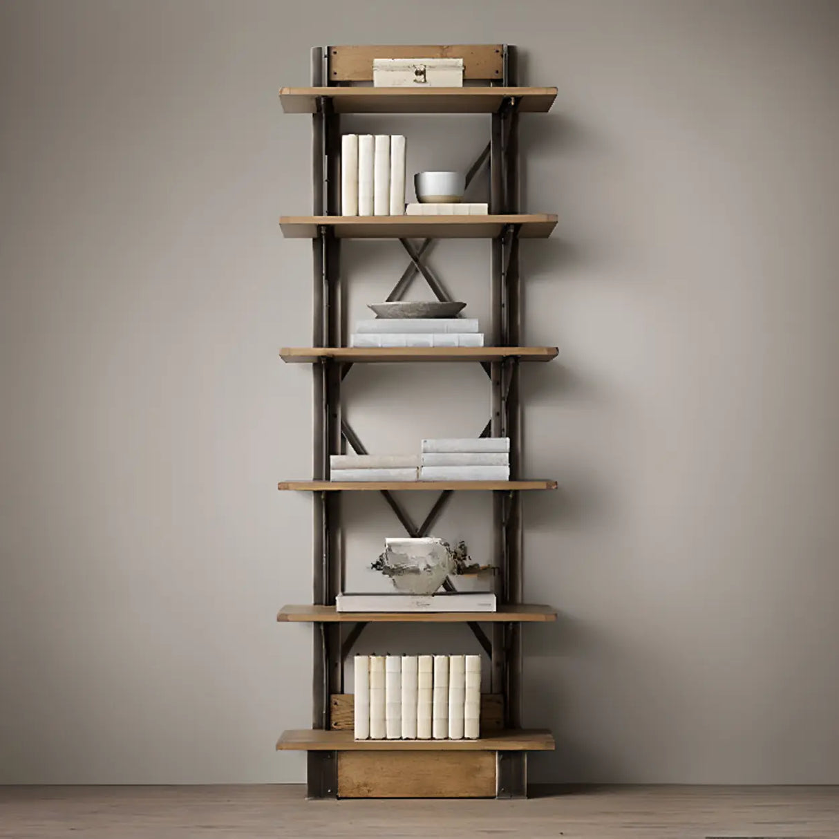 Industrial Metal Frame Oak Display Etagere Bookshelf Image - 2