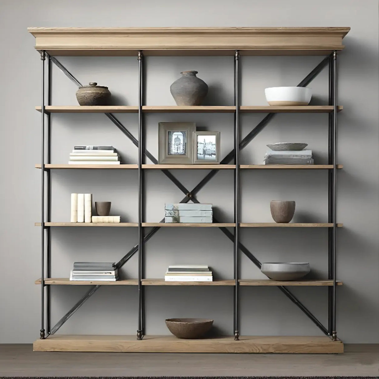 Industrial Metal Frame Oak Display Etagere Bookshelf Image - 4