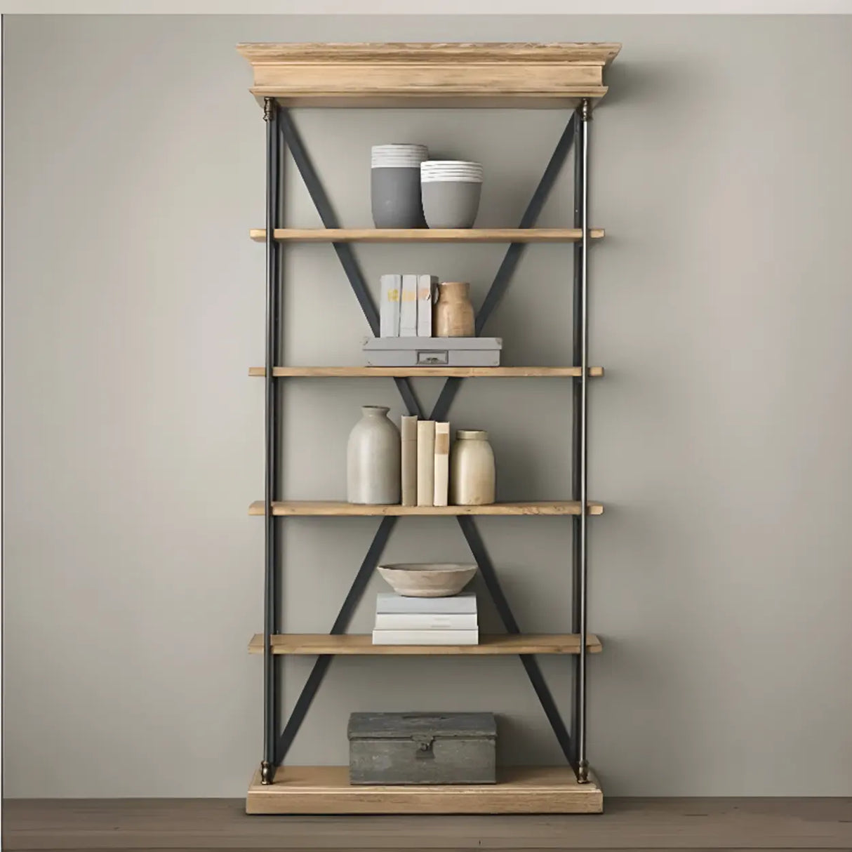Industrial Metal Frame Oak Display Etagere Bookshelf Image - 5