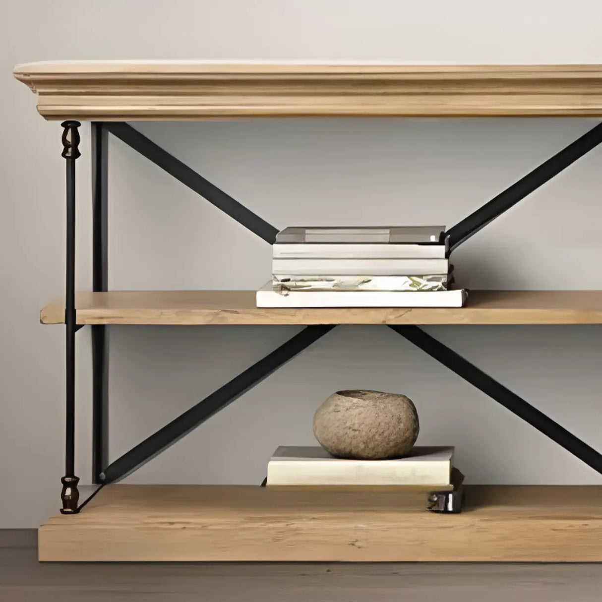 Industrial Metal Frame Oak Display Etagere Bookshelf Image - 6