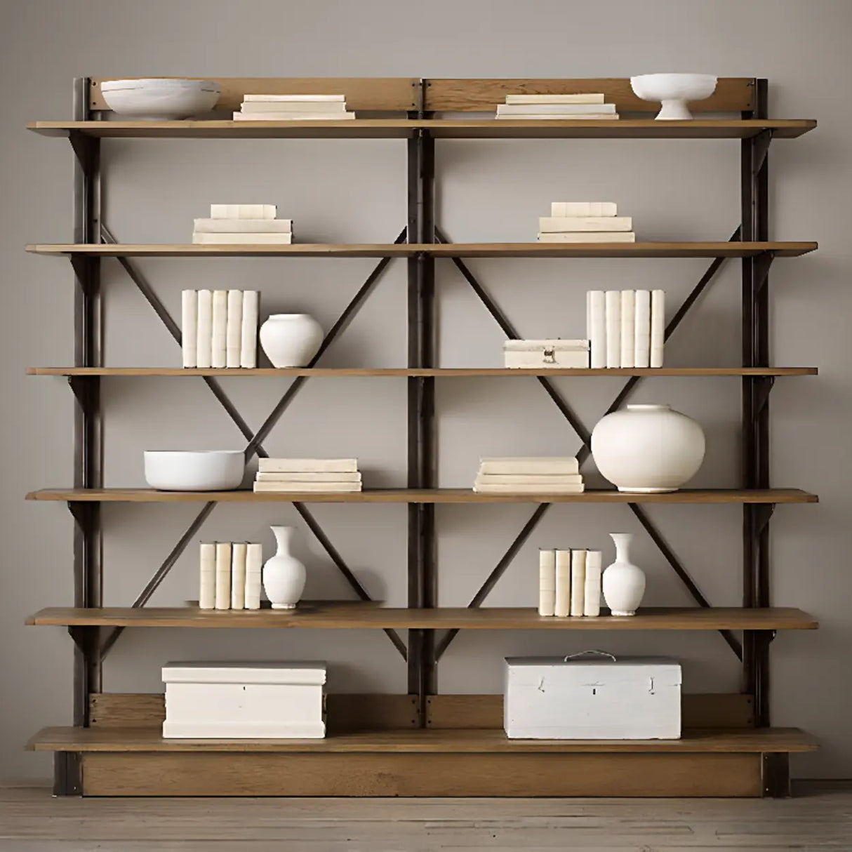 Industrial Metal Frame Oak Display Etagere Bookshelf Image - 8