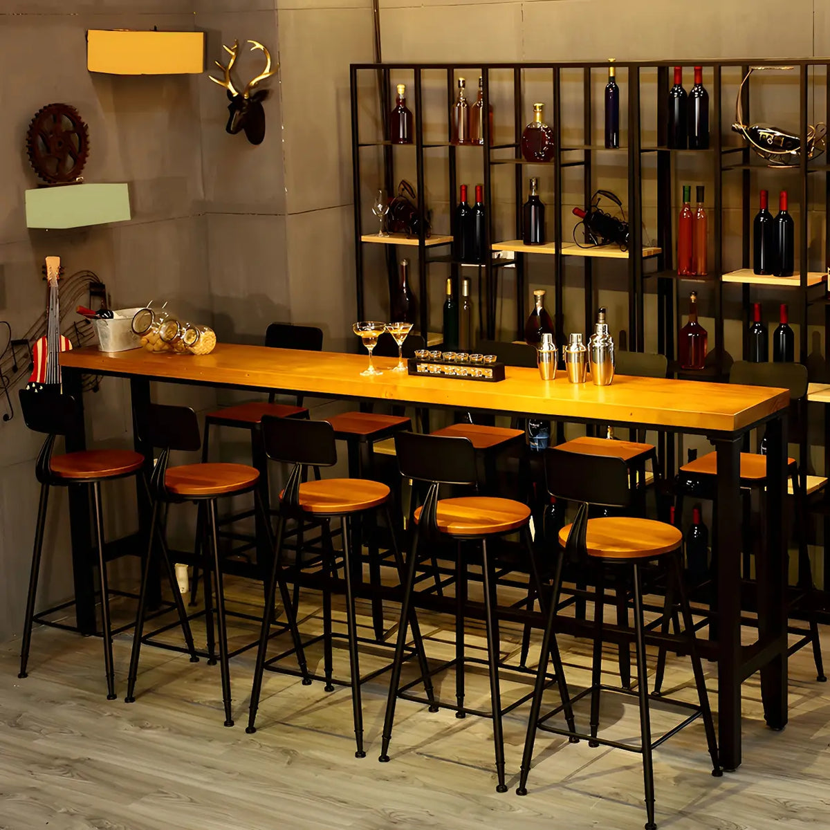 Industrial Metal Frame Wood Square Bar Stool with Backrest Image - 1