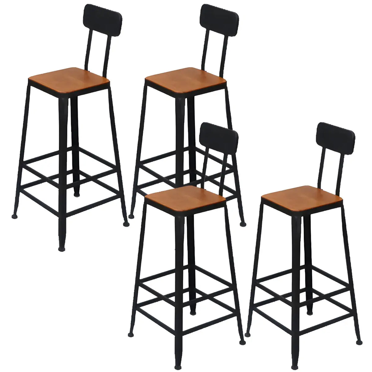4 Piece Set Non-Upholstered Square-Black Industrial Metal Frame Wood Square Bar Stool with Backrest Image - 12