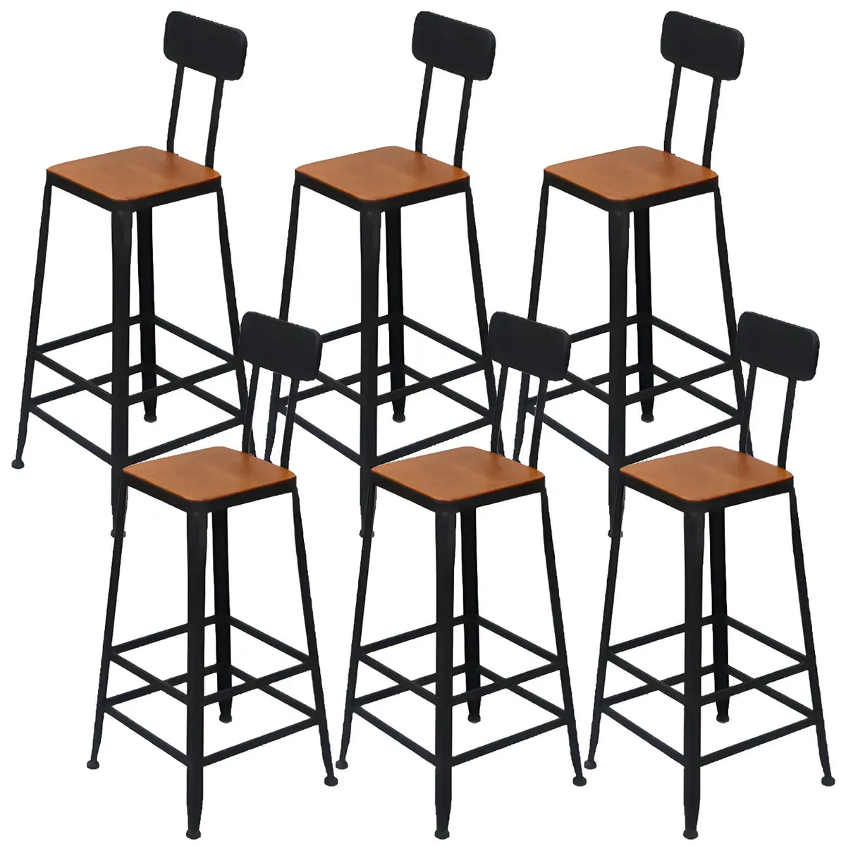 6 Piece Set Non-Upholstered Square-Black Industrial Metal Frame Wood Square Bar Stool with Backrest Image - 13