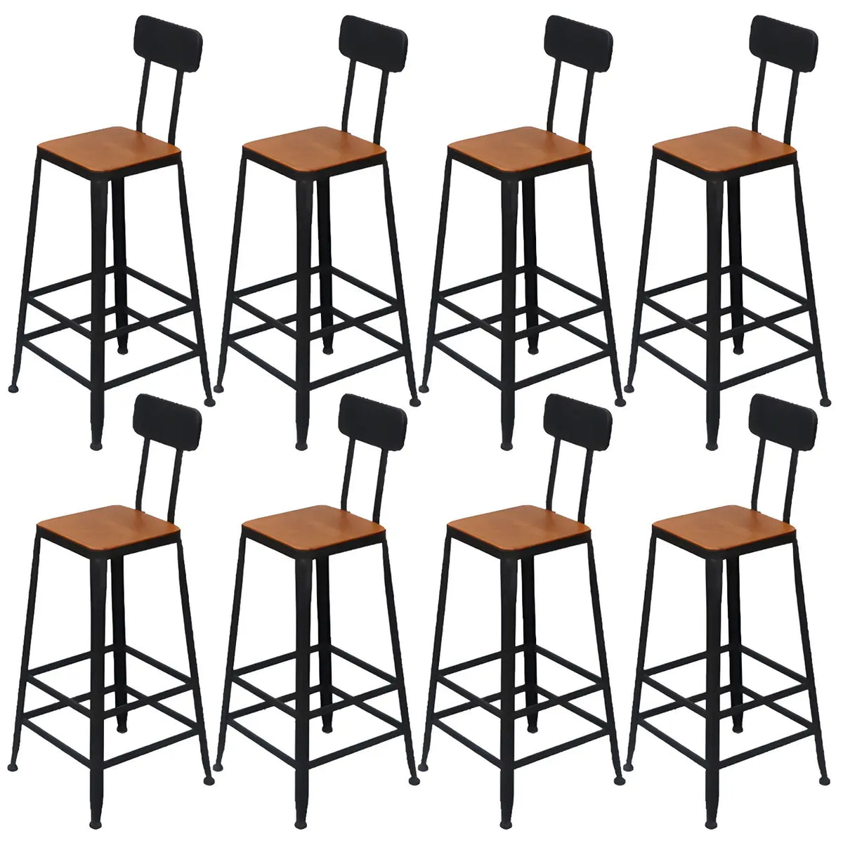 8 Piece Set Non-Upholstered Square-Black Industrial Metal Frame Wood Square Bar Stool with Backrest Image - 14