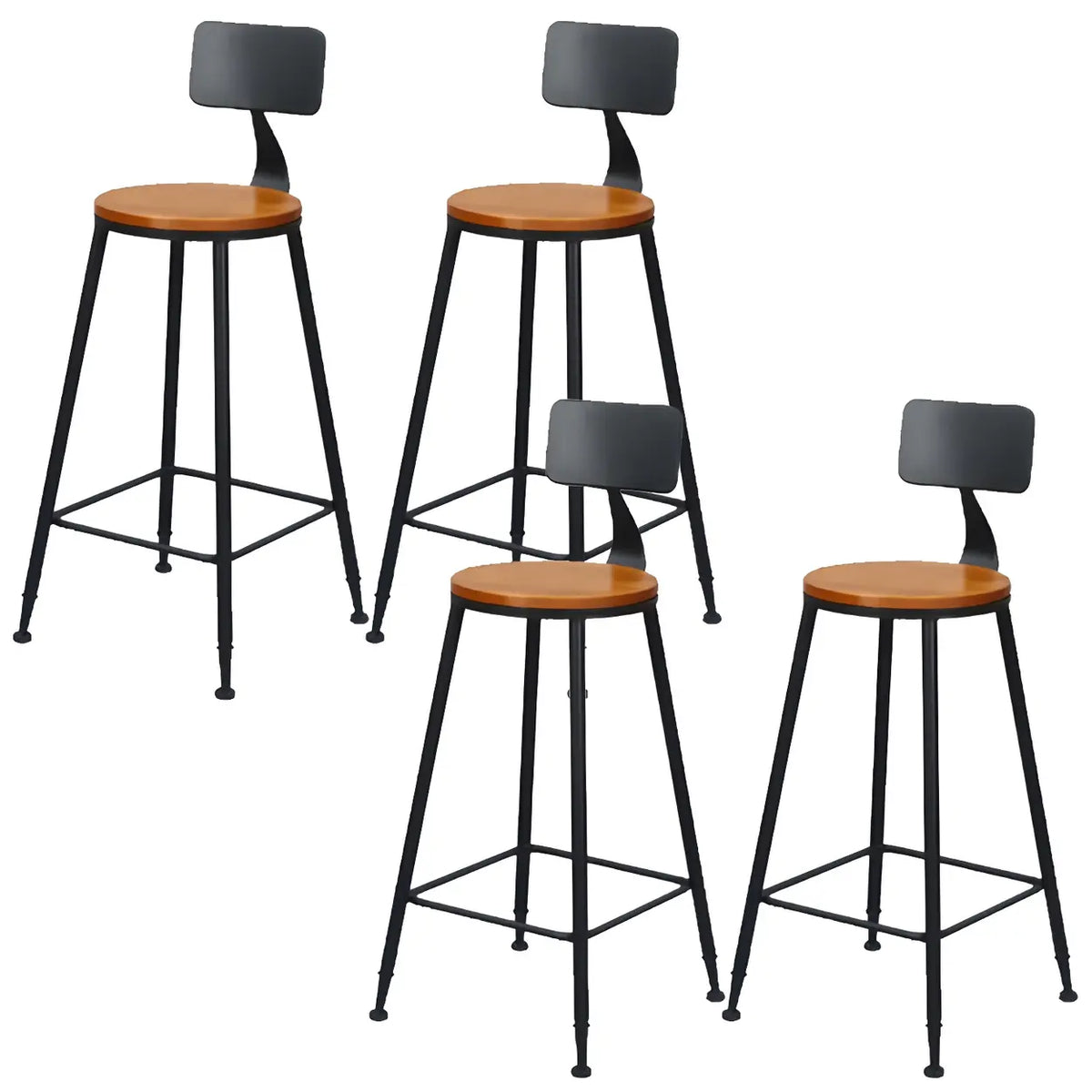 4 Piece Set Non-Upholstered Round-Black Industrial Metal Frame Wood Square Bar Stool with Backrest Image - 20
