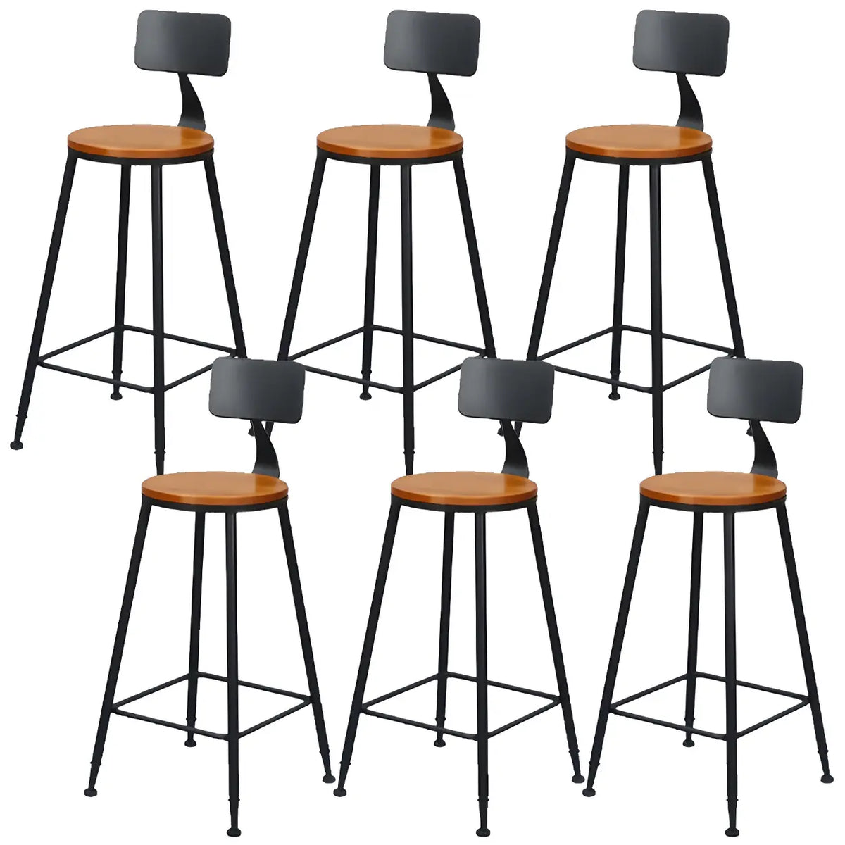 6 Piece Set Non-Upholstered Round-Black Industrial Metal Frame Wood Square Bar Stool with Backrest Image - 21