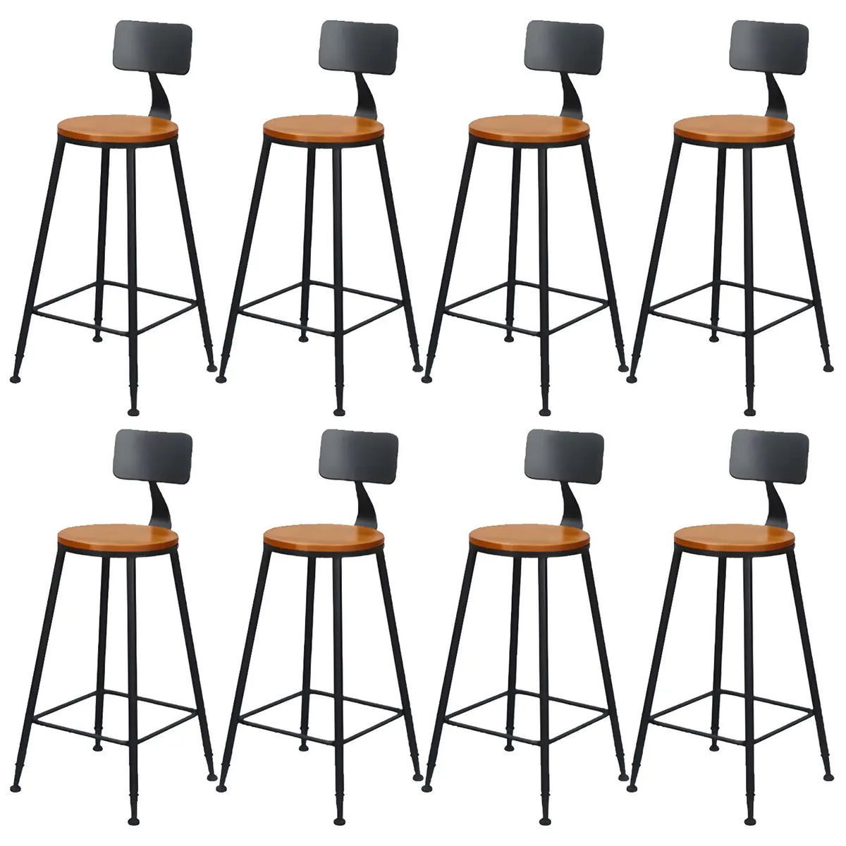 8 Piece Set Non-Upholstered Round-Black Industrial Metal Frame Wood Square Bar Stool with Backrest Image - 22